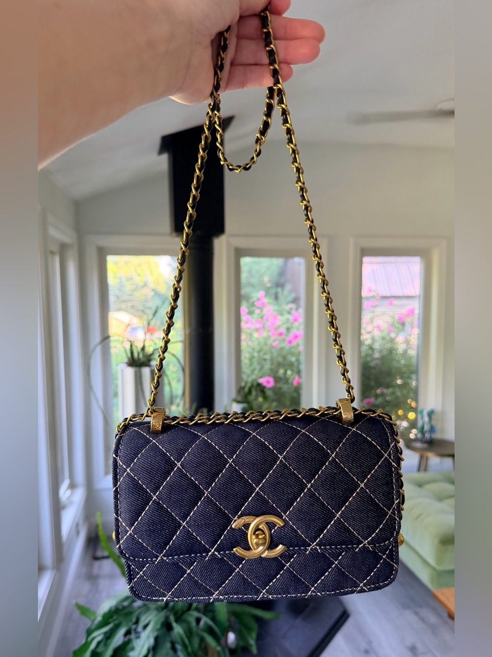 FULL SET NEW in Box Chanel MAKEUP Quilted Denim Single Flap Bag w Gold Hardware